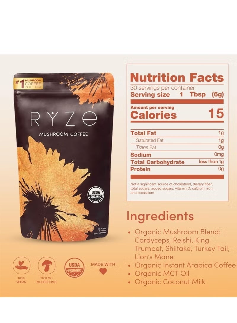 Ryze Organic Mushroom Coffee Instant Powder with 6 Adaptogenic Mushrooms (Lion's Mane, Turkey Tail, Shiitake, Reishi, Chaga, Cordyceps) & MCT Oil for Energy Boost, Mental Focus, Digestion & Immunity Support – 180g, Vegan, Gluten-Free, Non-GMO - Image 3
